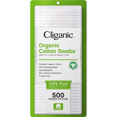 Cliganic Organic Cotton Swabs, 500 Count - 100% Pure Natural Cotton, Chlorine-Free Hypoallergenic, Soft, Gentle & Absorbent Buds