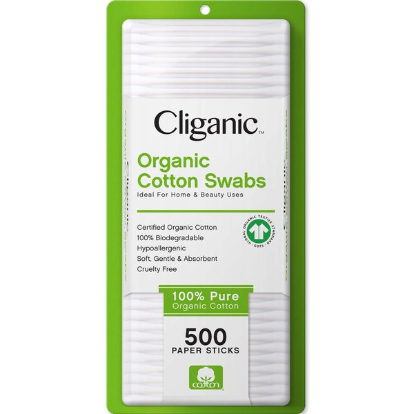 Cliganic Organic Cotton Swabs, 500 Count - 100% Pure Natural Cotton, Chlorine-Free Hypoallergenic, Soft, Gentle & Absorbent Buds