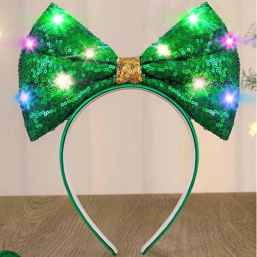 Firuilo Light Up St Patricks Day Green Bow Headbands Irish Bowknot Hair Band Hair Accessories for Women and Girls