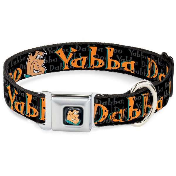 Dog Collar Seatbelt Buckle Fred Face Pose Yabba Dabba Doo Black Gray Orange 15 to 26 Inches 1.0 Inch Wide