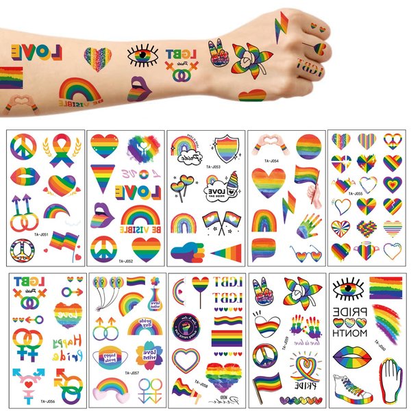 10 Sheets Gay Pride Temporary Body Tattoo Stickers Love Gradient Face Pride Rainbow for LGBT, BL,Les GL