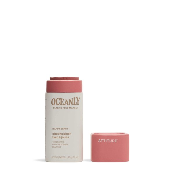 ATTITUDE Oceanly Plastic-Free Lightweight Blush Stick, Titanium Dioxide-Free, EWG Verified, Vegan & Cruelty-free Makeup, Happy Berry, 0.3 Ounces