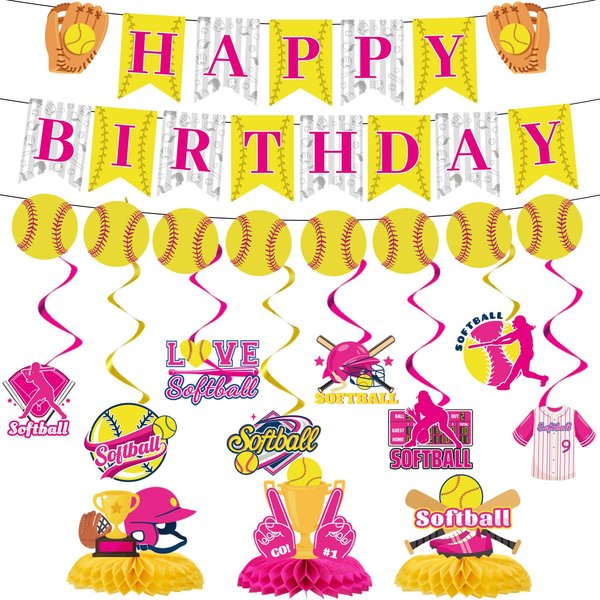 Refavor Softball Birthday Party Decorations - Softball Themed Happy Birthday Banner Softball Party Decorations Hanging Swirls Honeycomb Centerpieces Table Decor Sports Birthday Party Supplies