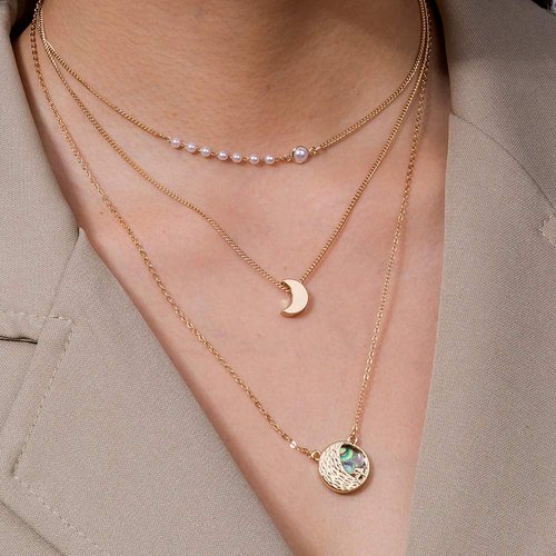 fxmimior Boho Layered Gold Choker Necklaces Bead Chain Necklace with Moon Pearls Pendant for Women and Girls