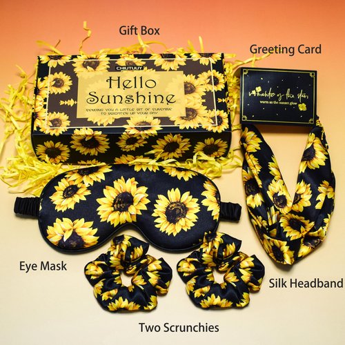CHIUTUUY Sunflowers Print Gifts for Women, Sending Sunshine Gifts Box with Silk Headband, Hair Scrunchies and Sleep Eye Mask for Birthday, Christmas, Valentine's Day, Mother's Day Gifts Ideas