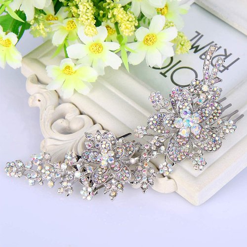 EVER FAITH 6 Inch Flower Leaf Bowknot Hair Comb Iridescent Clear AB Austrian Crystal Silver-Tone