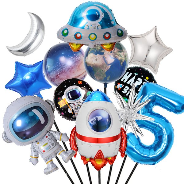 Finypa 12Pcs Space Theme Birthday Party Decoration Astronaut Spaceman Foil Balloons,5th Outer Space Birthday Party Supplies,Galaxy Balloons for Boy 5 Years Old Birthday Decor