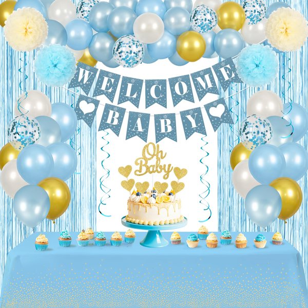 Blue Baby Shower Decorations for Boy Welcome Baby Banner Blue White Gold Balloons Swirl Tablecloth Pom Poms Foil Fringe Curtain Oh Baby Cake Topper for Kids Boys Baby Shower Birthday Party Supplies