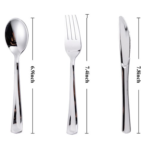 N9R 120PCS Silver Plastic Silverware, Silver Plastic Cutlery Set Disposable Flatware Dinnerware -60 Silver Forks, 30 Silver Spoons, 30 Silver Knives for Wedding, Party, Daily Use Silver Utensils