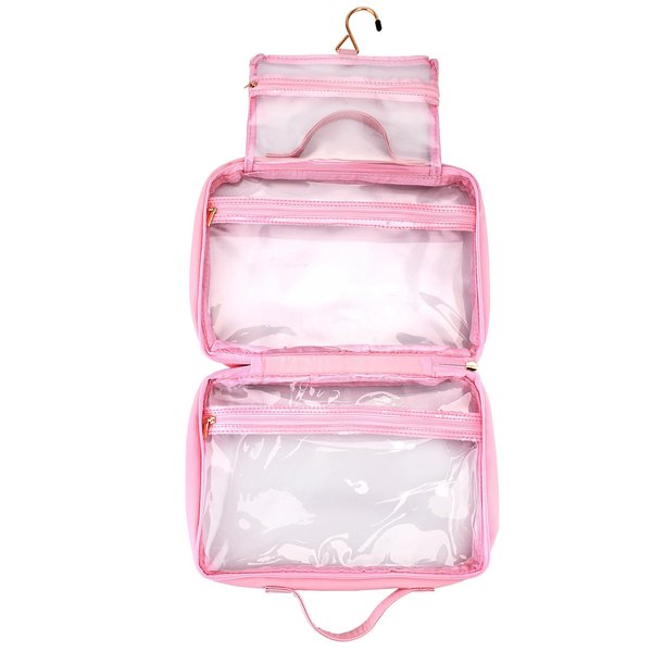 Greaciary Clear Toiletry bag with Hanging hook,Water-resistant cosmetic makeup bag transparent Organizer for women men,Carry on Travel accessories essentials,Pink (Pink)