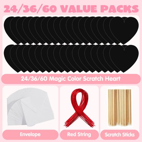 JOYIN 24 Packs Valentines Day Cards with Scratch Heart Scratch Paper Magic Color Scratch Heart Rainbow Cards for Kids Valentine Crafts & Art Classroom Exchange, Valentine's Party Favors