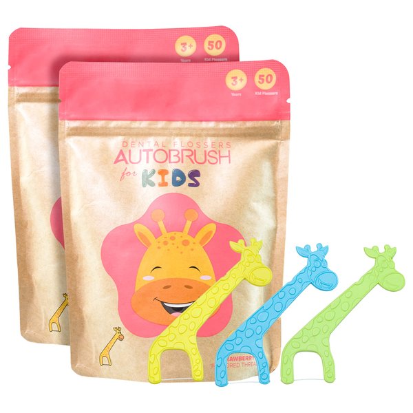 AutoBrush for Kids Strawberry Dental Flossers - Floss Picks to Remineralize Teeth and Prevent Cavities with Easy-to-Use Fun and Colorful Design (2-Pack)