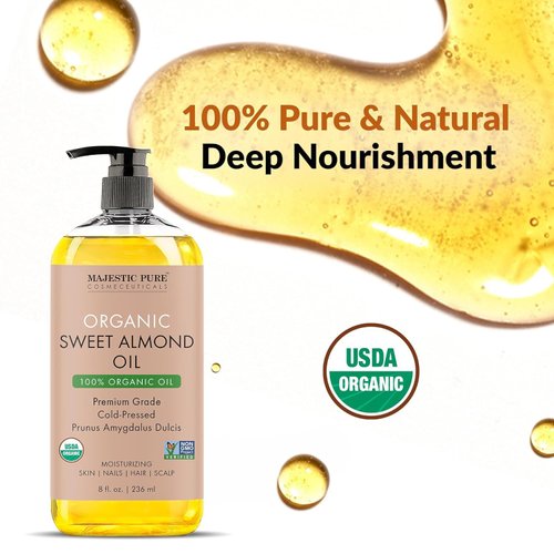 MAJESTIC PURE USDA Organic Sweet Almond Oil | 100% Pure & Natural Cold Pressed Oil Sweet Almond Oil for Skin, Face, Nails, Hair, Scalp & Massage | 8fl oz