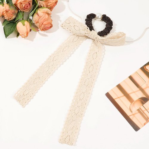 3Pcs Beige Lace Hair Scarf with Ribbon Bow Scrunchies for Women Girls, Pearl Bow Scrunchies for Hair, Ribbon Hair Ties with Bow, Chiffon Hair Ribbon Long Hair Bands Ties Ponytail Holder (Beige)