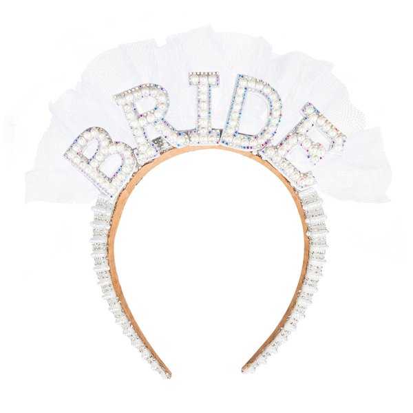 YARIEW Rhinestone Bride Headband Pearl Bride Headband with Veil Bachelorette Party Decorations Bridal Headband for Wedding White Pearl Headpiece Bachelorette Favors Bridal Shower Favors Gift