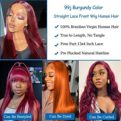 ONETIDE 28Inch Burgundy Lace Front Wig Human Hair 180 Density Straight 13x4 HD Human Hair Lace Front Wigs Pre Plucked Brazilian Virgin 99J Human Hair Wigs for Black Women