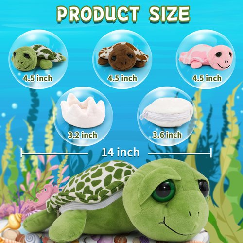 MaoGoLan Turtle Stuffed Animal 14in with Babies Inside -3 Baby Stuffed Turtles & 2 Turtle Eggs in Zip, Sea Turtle Soft Plush for Kids Boys Girls, Tortoise Gift for Birthday Christmas Baby Shower