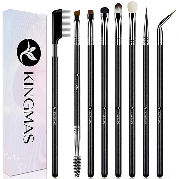 KINGMAS 8 Pieces Eyeshadow Brush Eyeliner & Eyebrow Brush set, Premium Fine Angled Gel Eye Liner Makeup Brushes, Eyelash Comb Eyelashes Separator, Ultra Thin Point Eyeliner Brushes for Women Girls