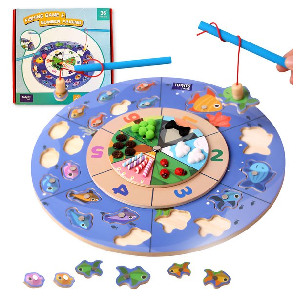 TUTATU Wooden Magnetic Fishing Game for Toddlers, Educational Number Pairing Toys for Kids 3 4 5, Montessori-Inspired Learning with Rotating Numbers & Fish, Fine Motor Skill Development Gift