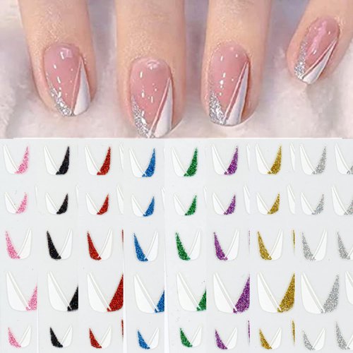 French Nail Stickers Colorful V Shape Nail Decal 3D Self-Adhesive Nail Art Stickers French Tip Nail Guides Design Acrylic Nail Art Supplies for Women Girls DIY Decoration Manicure Tips (8sheets)