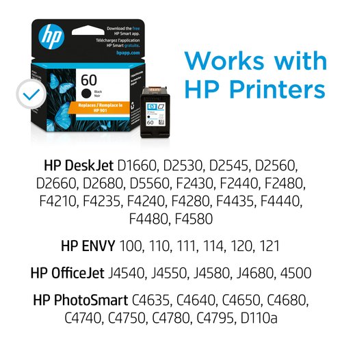 HP 60 Black Ink Cartridge | Works with DeskJet D1660, D2500, D2600, D5560, F2400, F4200, F4400, F4580; ENVY 100, 110, 120; PhotoSmart C4600, C4700, D110a Series | CC640WN