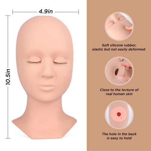 BEYELIAN Lash Mannequin Head, Eyelash Mannequin Head with Eyelids, Lash Extension Training Practice Head, 4 Pairs Removable Eyelids, Soft-Touch, Natural Color Realistic