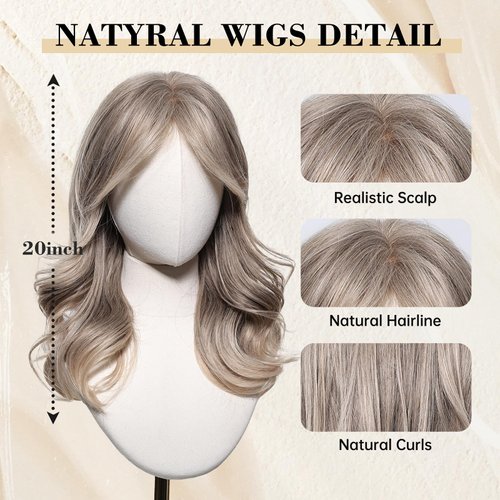 testar Grey Blonde Wigs With Curtain Bangs Shoulder Length Grey Wigs for White Women, Short Curly Natural Synthetic Hair Wig for Party Cosplay Use 20IN