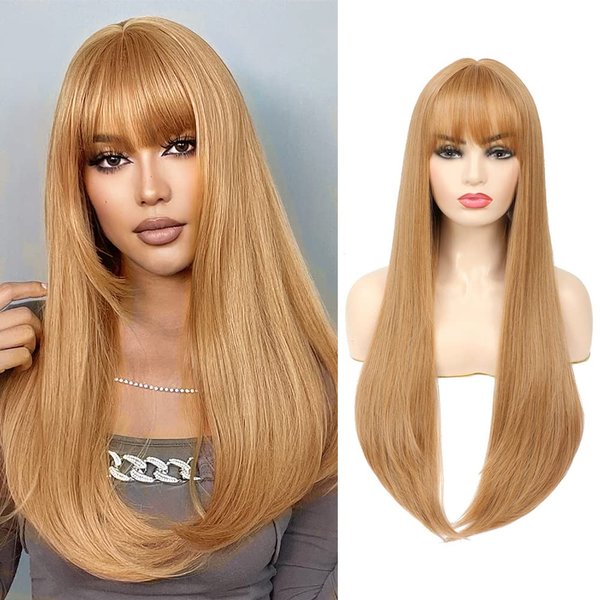 SOKU Strawberry Blonde Natural Straight Wig with Bangs 28" Long Straight Honey Blonde Fringe Wig Synthetic Silky Hair Wigs for Women Cosplay Costume Wigs
