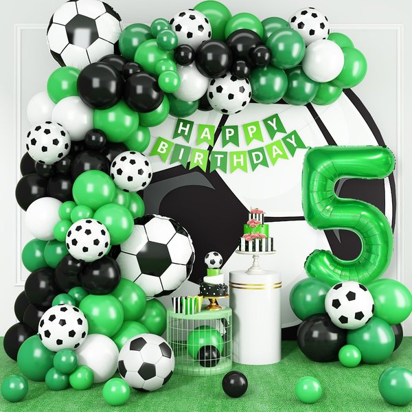 5th Birthday Soccer Balloons Arch,5th Soccer Garland Kit with Green Number 5 Balloon Football Balloons Soccer Mylar Foil Balloons for Boys Kids 5th Birthday Soccer Theme Party Decorations