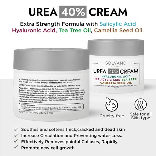 SOLVANO 40% Urea Extra Strength Foot Cream - Hyaluronic & Salicylic Acid, Tea Tree, Camellia Oil - Softens Calluses & Dry Skin, Cruelty-Free, 4.9 Fl Oz