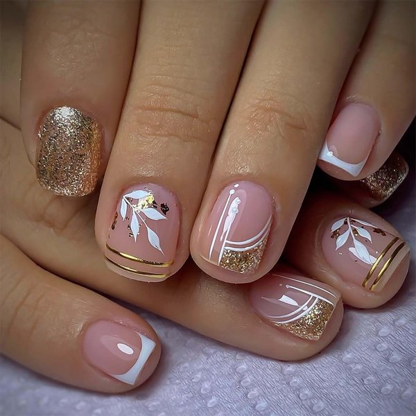 Short Square Nails Press on Rchosvam Square Fake Nails French Gold Glitter Stick on Nails Gold and Leaves Glue on Nails with Design for Womens Girls 24pcs