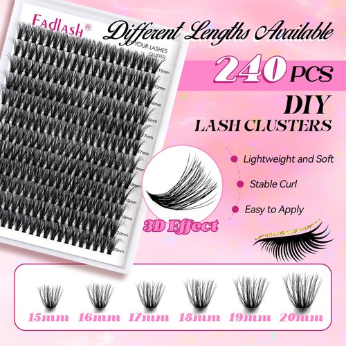 Lash Clusters 240pcs 40D 15-20mm Cluster Lashes Mixed Tray 3D Effect Volume Individual Lashes Cluster Eyelash Extensions Fluffy Soft D Curl DIY Lash Extension Kit at Home (40D-0.07-D,15-20mm)
