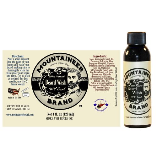 Mountaineer Brand Beard Wash For Men | 100% Natural Beard Shampoo | Thick Cleaning Softening Lather for Hair and Skin | Hydrate and Detangle | Grooming Treatment | WV Coal Scent 4oz