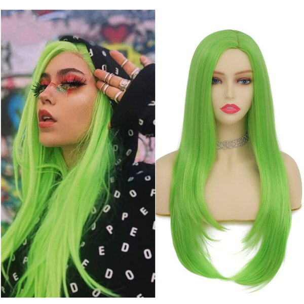 Tseses Fluorescent Green Long Straight Wigs for Women with Side Bangs Natural Halloween Party Hair Heat Resistant Synthetic Wig for Cosplay Party