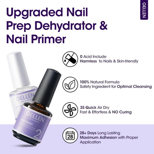Gellen Nail Dehydrator and Primer, Acid-Free Nail Prep Dehydrate and Bond Primer for Long-lasting Acrylic Powder UV Gel Polish Press-on Nails, Fast Air Dry Strong Adhesion Nail Art Must Have Kit