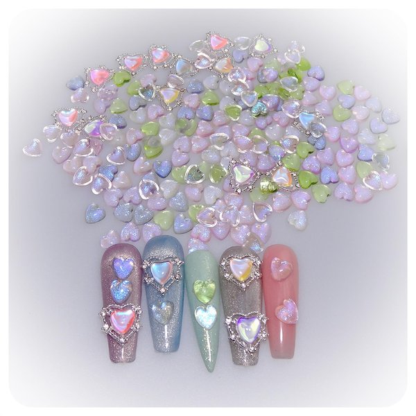 KWOLYKIM 160 PCS Heart Diamond Glitter Nail Charms, Kawaii 3D Pink Jelly Crystal Acrylic Heart Shaped Nail Art Charms for DIY Gel Nail Polish Girls Women
