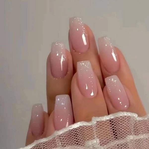 Pink Gradient Press on Nails Medium Square Fake Nails Pink Glue on nails Clear False Nails with Design Glitter Stick on Nails Upgrade Glossy Acrylic Nails for Women Girls Manicure 24pcs