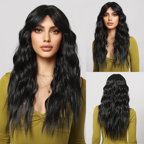 Black Long Curly Wigs for Women Synthetic Curly Natural Black Wig with Curtain Bangs Hair Replacement Wig for Girls Daily Party Use 28 Inches