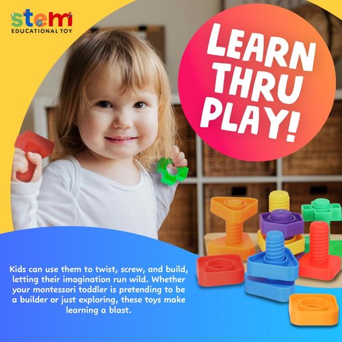 Skoolzy Plastic Nuts and Bolts 12 Piece - Kids Nuts and Bolts - Toddler Engineering Toys for 18+ Months - Screw Toys for Toddlers