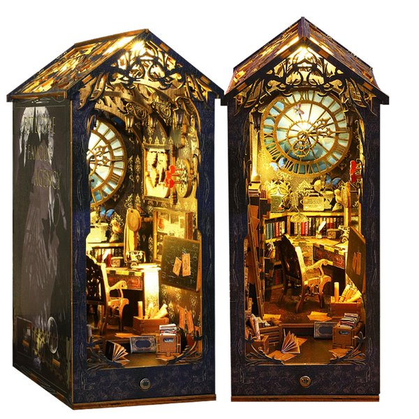DIY Book Nook Kit - DIY Miniature Dolls House Kit with Furniture and LED Light, 3D Puzzle Wooden Art Bookends, Model Kits for Adults to Build (Detective Agency)
