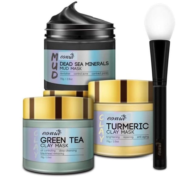 Eonia Turmeric Clay Mask - Green Tea Detox Clay Mask - Dead Sea Minerals Mud Mask, Spa Facial Mask Set, 2.5 oz each