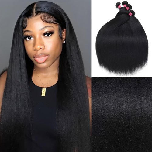 UNICE 12A Silk Yaki Straight Human Hair Weave 3 Bundles Unprocessed Virgin Real Human Hair Weft Sew in Human Hair Extensions for Women 10 12 14inch