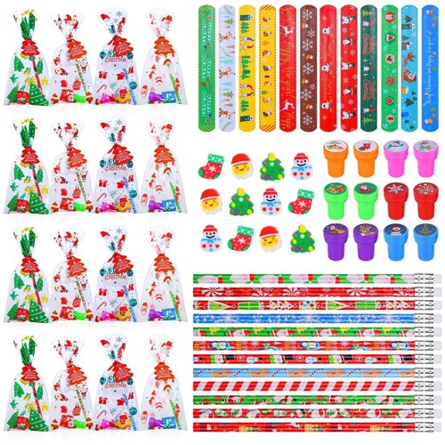 192 Pcs Christmas Stationery Party Favors Bulk 24 pack Christmas Goodie Bags for Kids with Pencils Eraser Slap Bracelets Stamps Cards Treat Bags Christmas School Classroom Gifts Prizes for Students