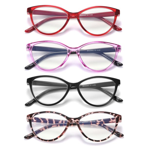JAWSOCK 4 Pack Reading Glasses Blue Light Blocking for Women,Designer Cat Eye Frame Ladies Computer Readers,Anti Glare/UV Ray Eyeglasses 2.0