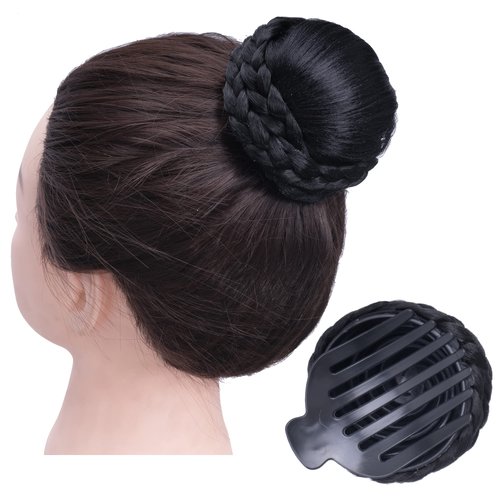 IMISSU Braided Chignon Dancer Hair Donut Hairpieces Scrunchie Claw Hair Bun Updo for Wedding Party (M4 Black)