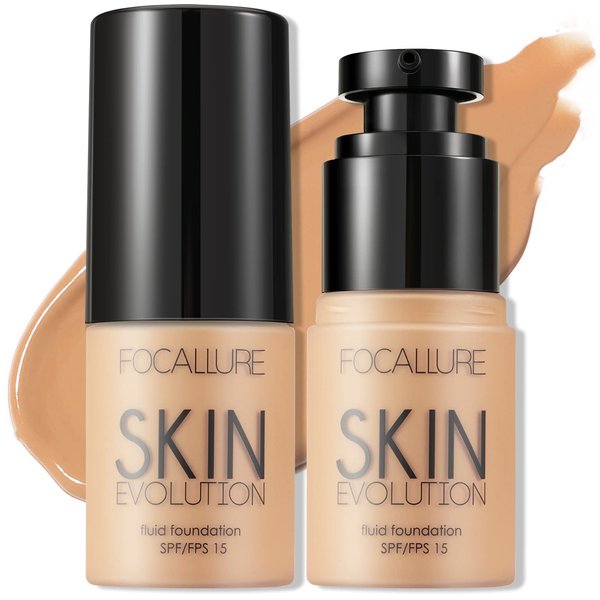 FOCALLURE 2 Pcs Liquid Foundation, Skin Evolution Foundation + Concealer, Full Coverage Foundation Makeup, Durable, Waterproof, Oil-Control, Hides Wrinkles & Lines, Natural Tan