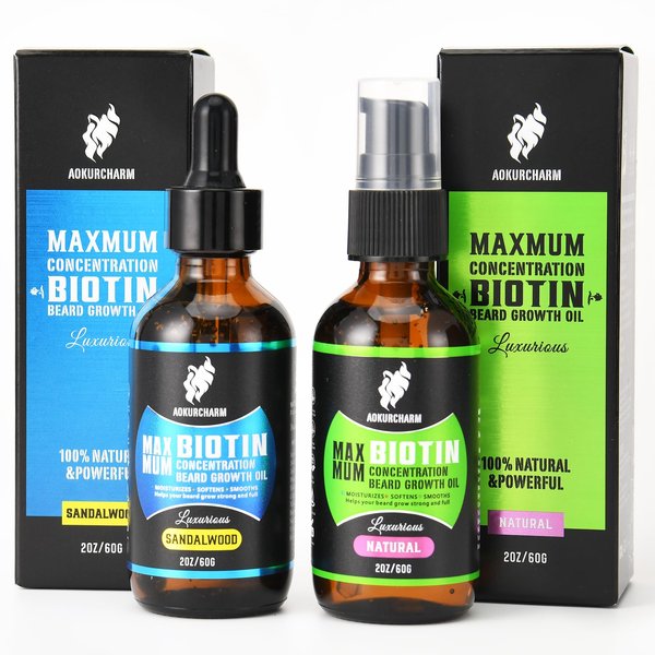 aokur 2 Pack Beard Growth Oil for Men – Sandalwood & Unscented – High Strength Biotin Serum – Softens, Strengthens & Boosts Beard Growth – Gift Set for Father’s Day, Anniversaries & Christmas