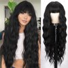 XIXIBI 30 Inch Long Black Wigs with Bangs Long Wavy Wigs for Women Natural looking Wig Synthetic Curly Wavy Hair Replacement Wigs for Daily Party Use