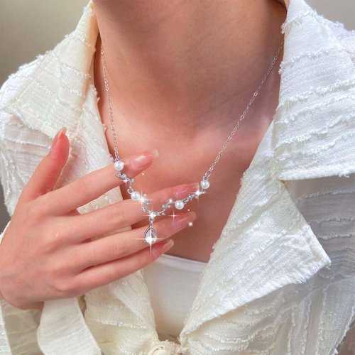 TseanYi CZ Teardrop Pendant Necklace Pearl Necklace Wedding Bridal Crystal Necklace Silver Rhinestone Leaf Vine Drop Necklace Sparkly Crystal Vine V Shape Necklace Pearl Waterdrop Necklace for Women