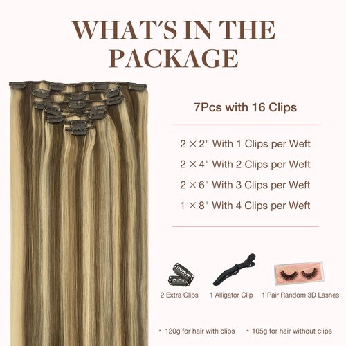 GOO GOO Clip in Hair Extensions Real Human Hair, 18inch 120g 7Pcs, 8A/22 Medium Brown Highlighted Golden Blonde, Remy Human Hair Extensions Clip ins for Women, Natural Human Hair